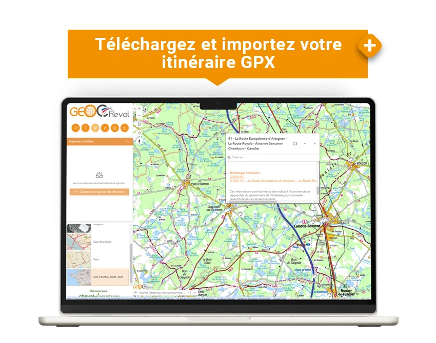 Carte interactive GeoCheval Premium - Téléchargez / importez votre itinéraire GPX